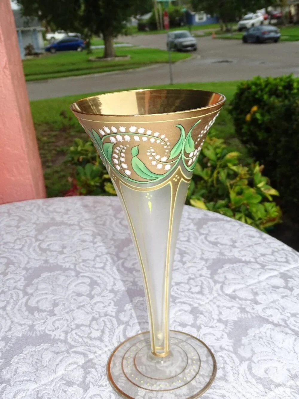Art Deco Crystal Tall Vase Painted Gold with Lilies of the Valley 10 1/2